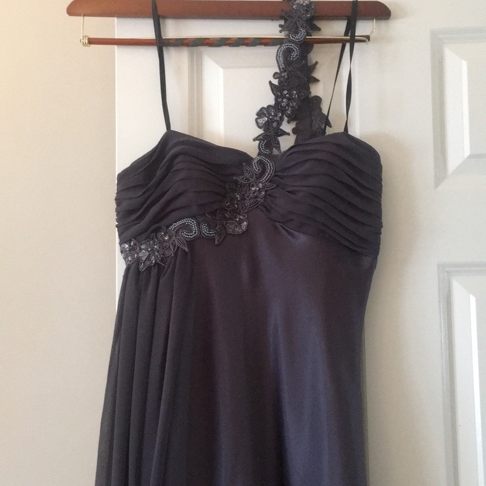 NWT- One shoulder charcoal embellished satin dress